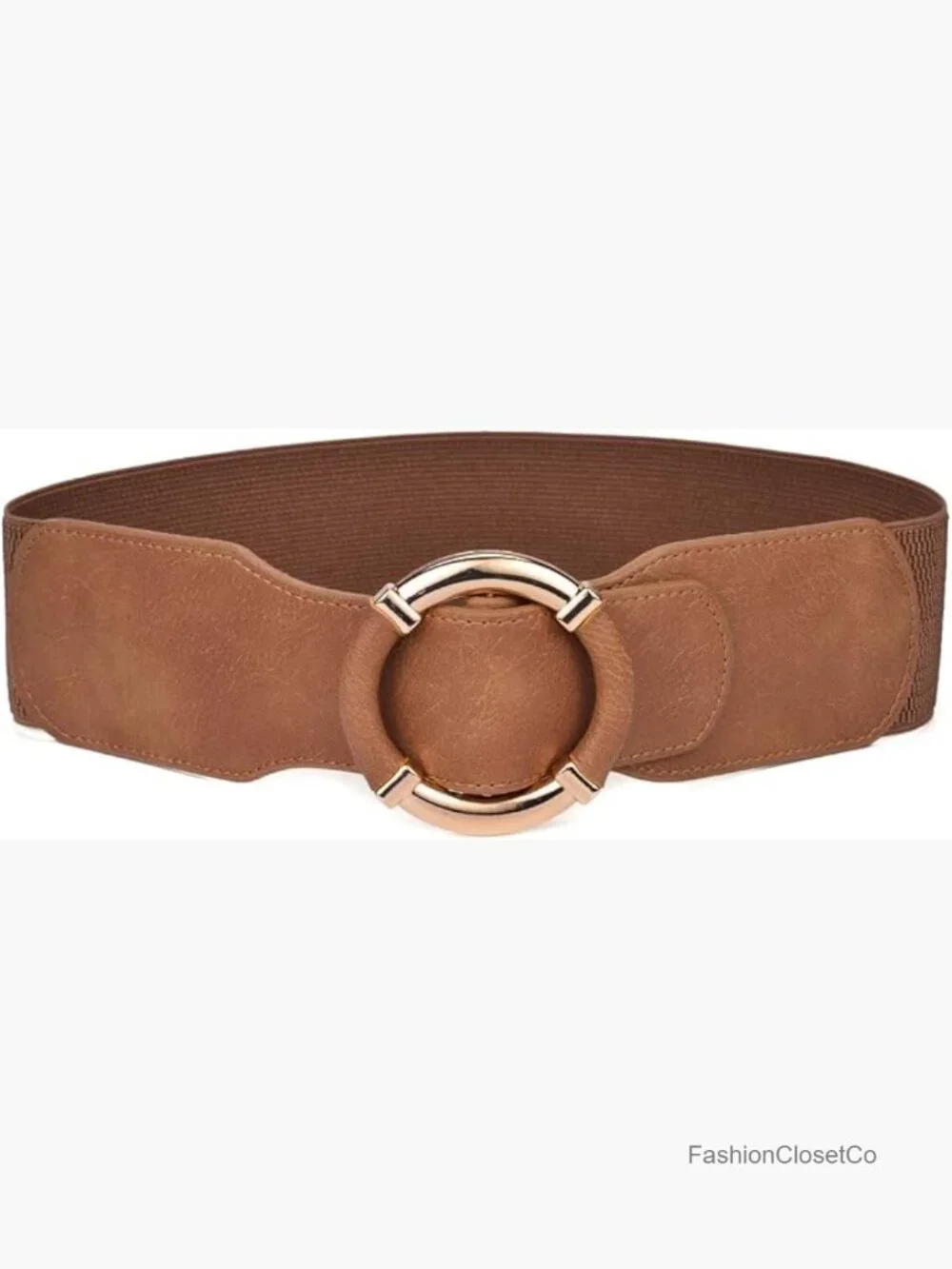 Stretchy Wide Waist PU Leather Elastic Dress Belt with Gold Buckle